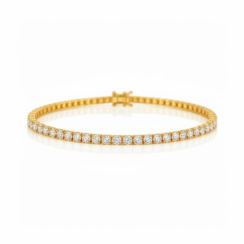 14K yellow gold tennis bracelet set with round lab-grown diamonds.