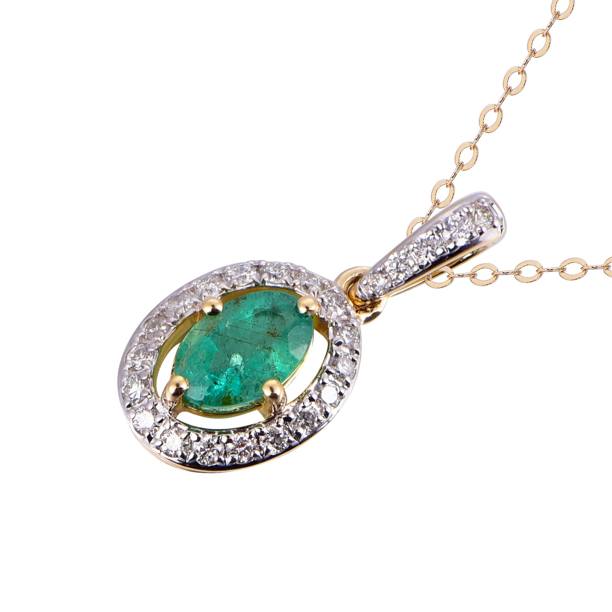14K Yellow Oval-Shaped Emerald and Diamond Pendant