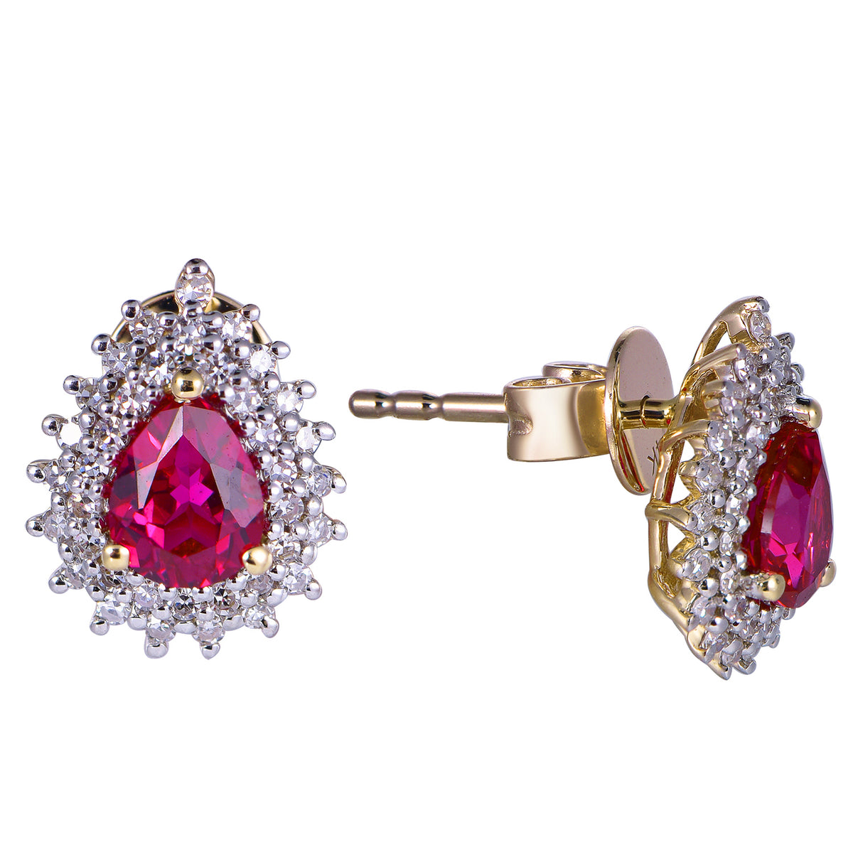 A pair of gold and white gold stud earrings featuring a large teardrop-shaped pink gemstone surrounded by a halo of small clear cubic zirconia stones, shown on a plain white background.