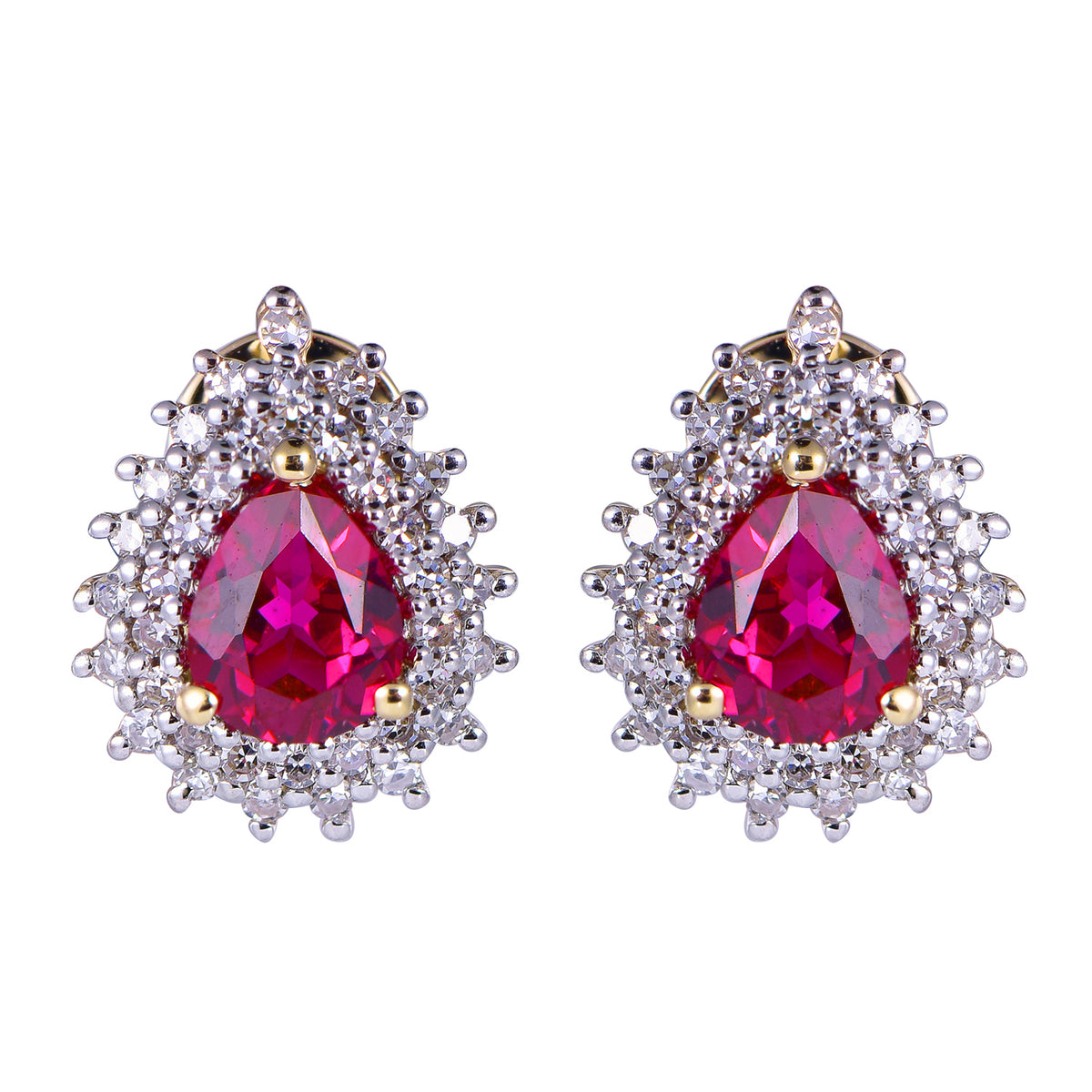 A pair of teardrop-shaped stud earrings featuring large faceted pinkish-red center stones surrounded by clear crystal-like halo settings in silver-toned metal with small gold accents, shown on a plain white background.
