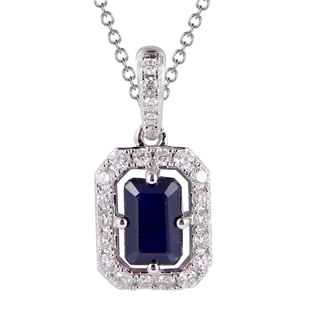 14K White Emerald-Cut Sapphire and Diamond Pendant
