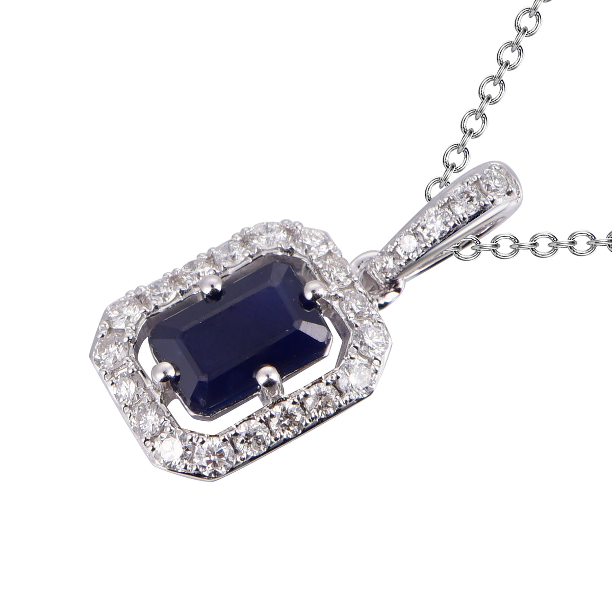 14K White Emerald-Cut Sapphire and Diamond Pendant