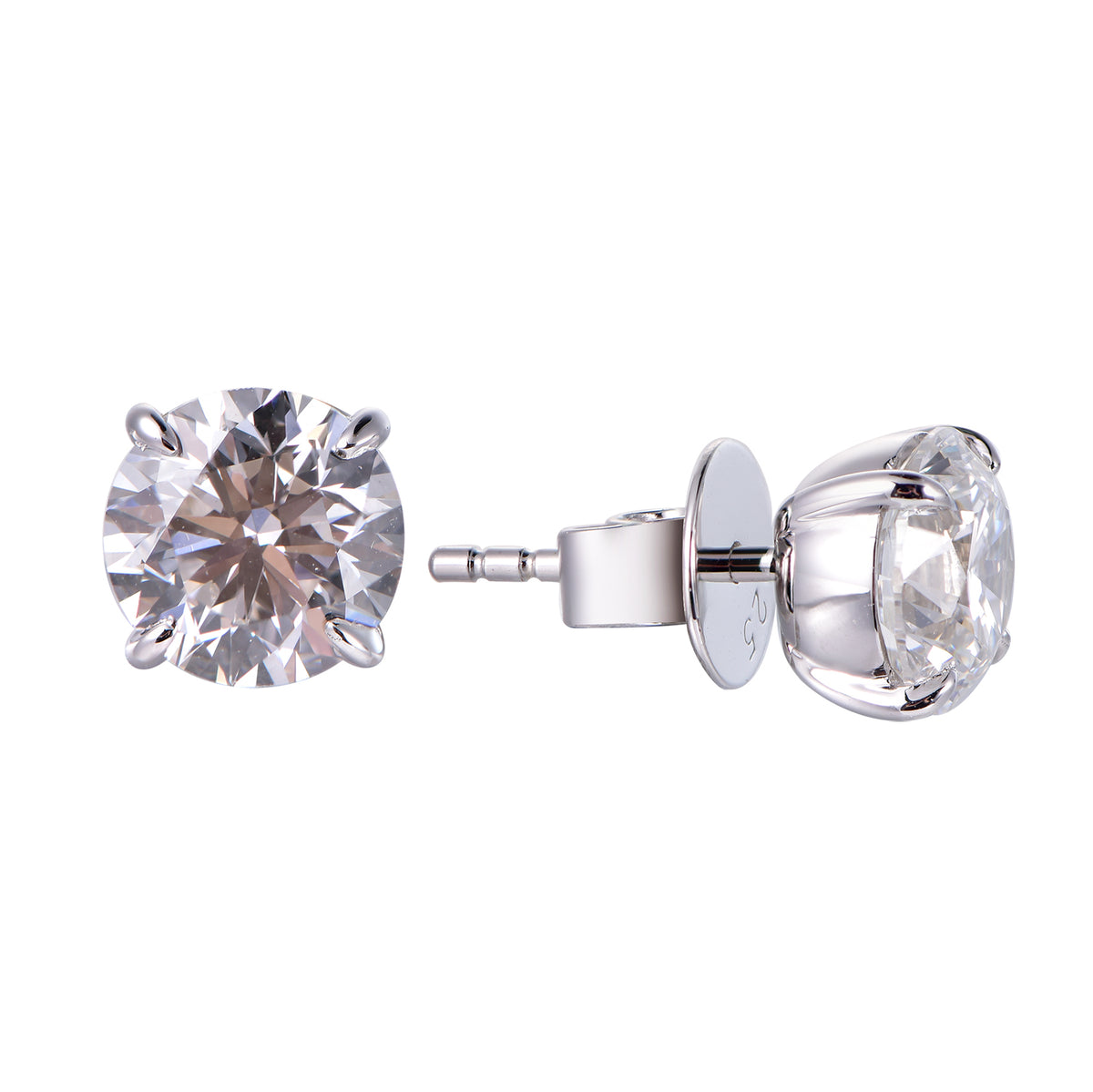 A pair of silver stud earrings with round-cut clear gemstones, shown from the front and side on a plain white background.