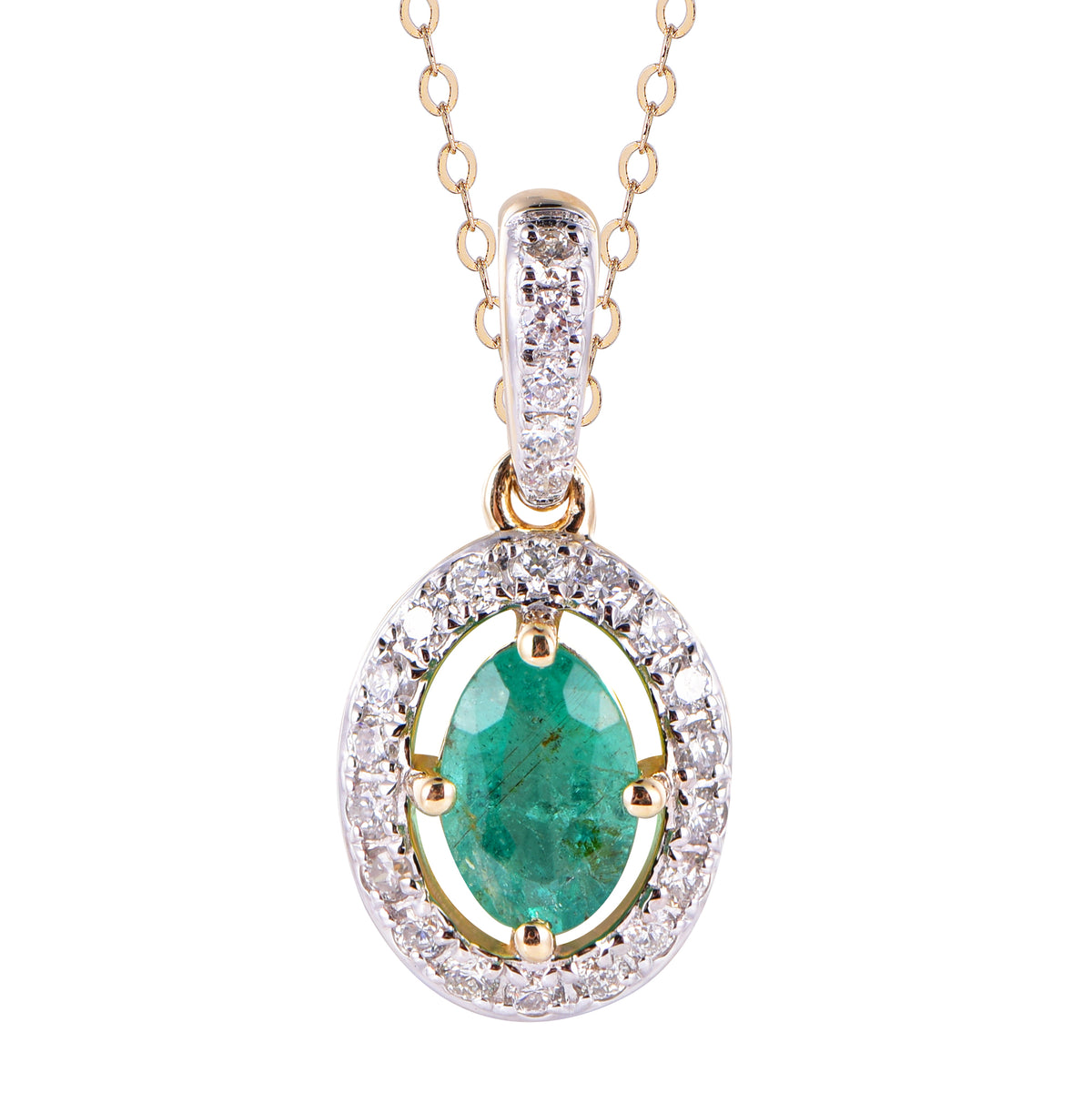 14K Yellow Oval-Shaped Emerald and Diamond Pendant