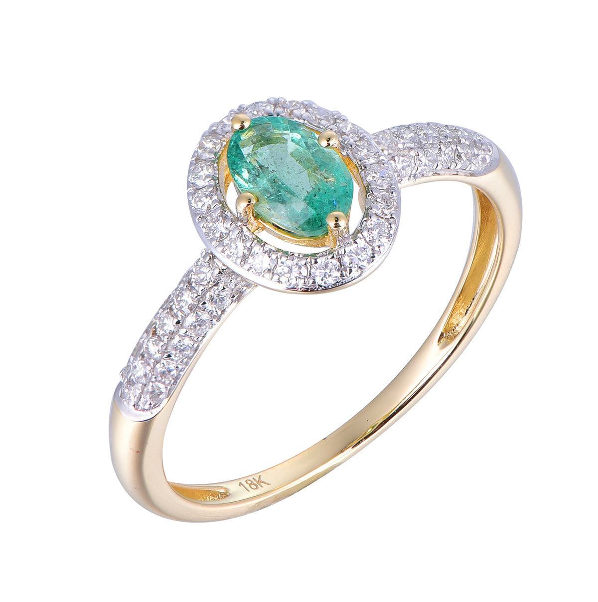 14K yellow gold ring featuring an oval emerald surrounded by a halo of diamonds with diamond-set shoulders.