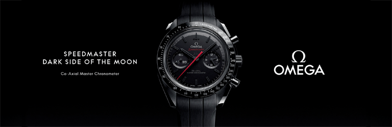 Omega Speedmaster Dark Side of the Moon Co-Axial Master Chronometer watch in black ceramic with tachymeter bezel and black strap, displayed on a sleek black background with Omega logo and tagline.