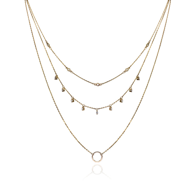 10k Yellow Gold Triple-Tiered Cubic Zirconia Necklace