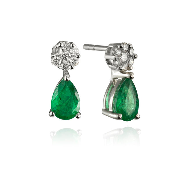 14k White Gold Emerald and Diamond Drop Earrings